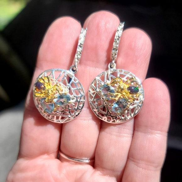 Black Opal & aquamarine sterling/gold spider earrings - Picture 11 of 11